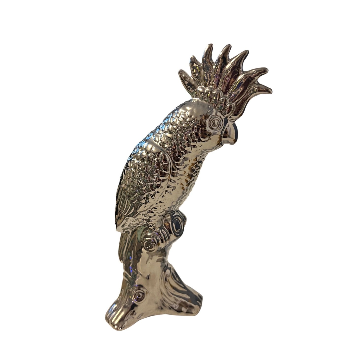 Silver Tone Cockatoo Figurine Parrot Statue Modern Decor 10 Inch