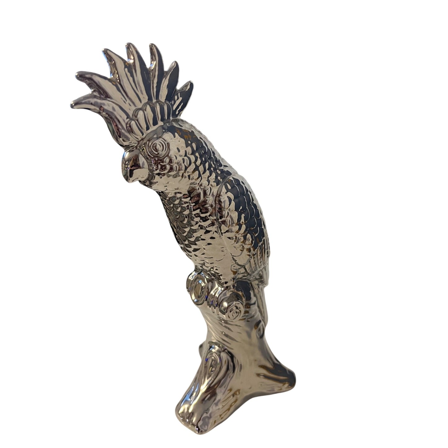 Silver Tone Cockatoo Figurine Parrot Statue Modern Decor 10 Inch