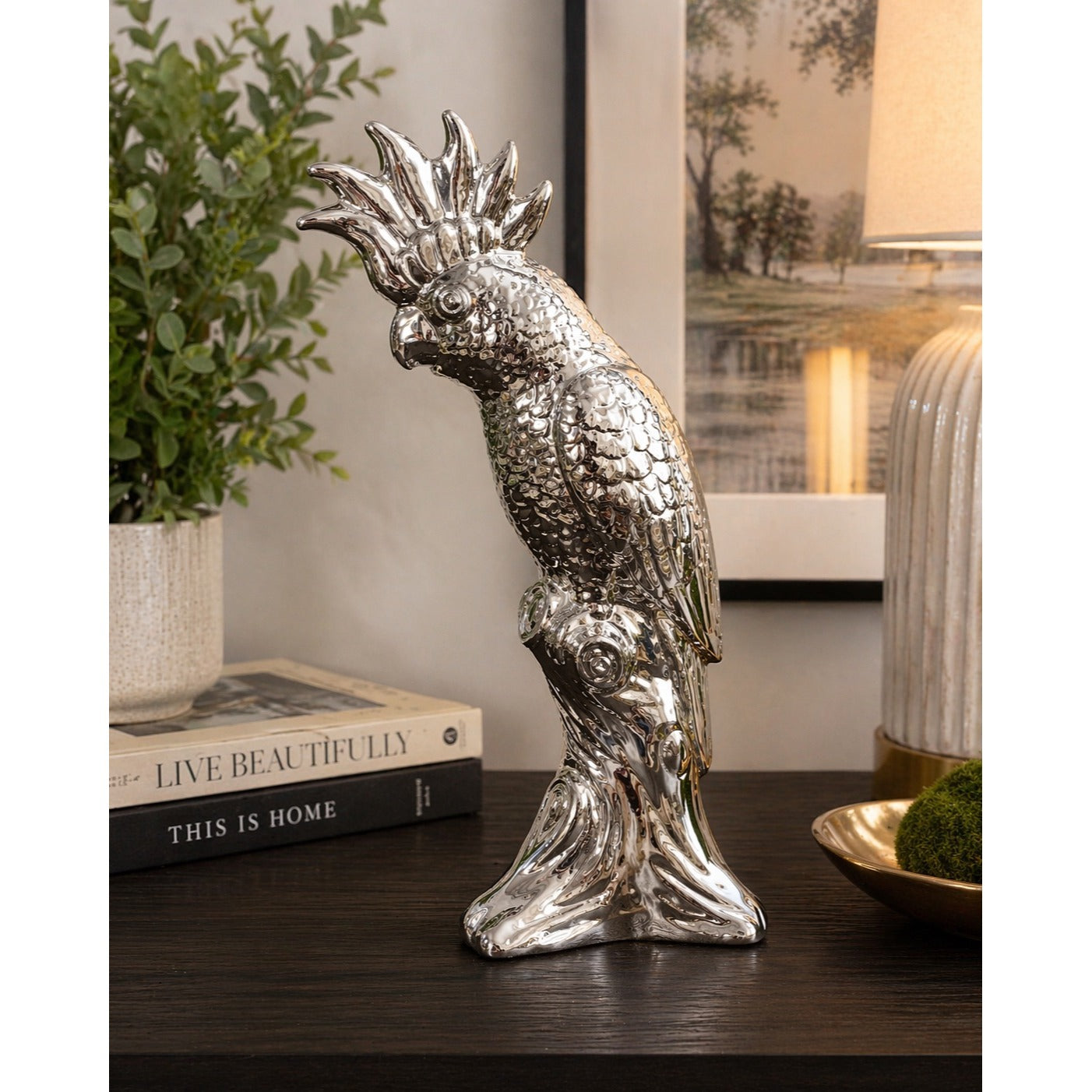 Silver Tone Cockatoo Figurine Parrot Statue Modern Decor 10 Inch