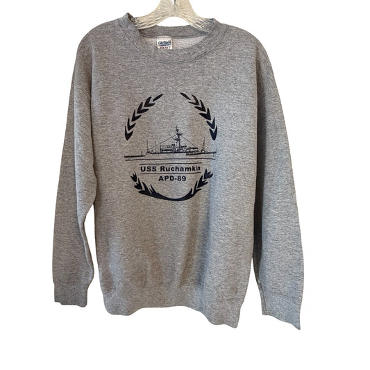 Vintage USS Ruchamkin APD-89 Crewneck Sweatshirt Gray Gildan Heavy Blend Size M Navy