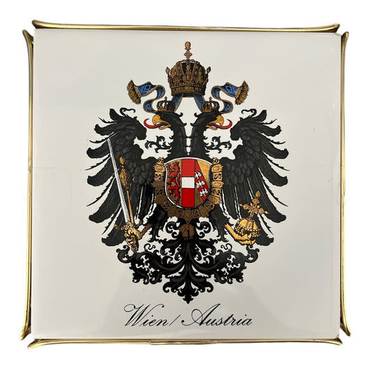 Laufen Wien / Austria Ceramic Tile Tray – Heraldic Eagle – Gold Metal Holder – Vintage