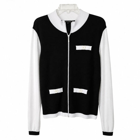 Vintage Pierri New York Zip Front Sweater XL Black White Colorblock Rayon Blend Y2K
