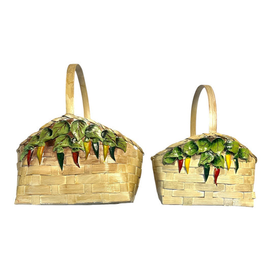Vintage Set of 2 Wicker Gallery Chili Pepper Baskets | Wicker Baskets with Ceramic Peppers | CBK Ltd Philippines