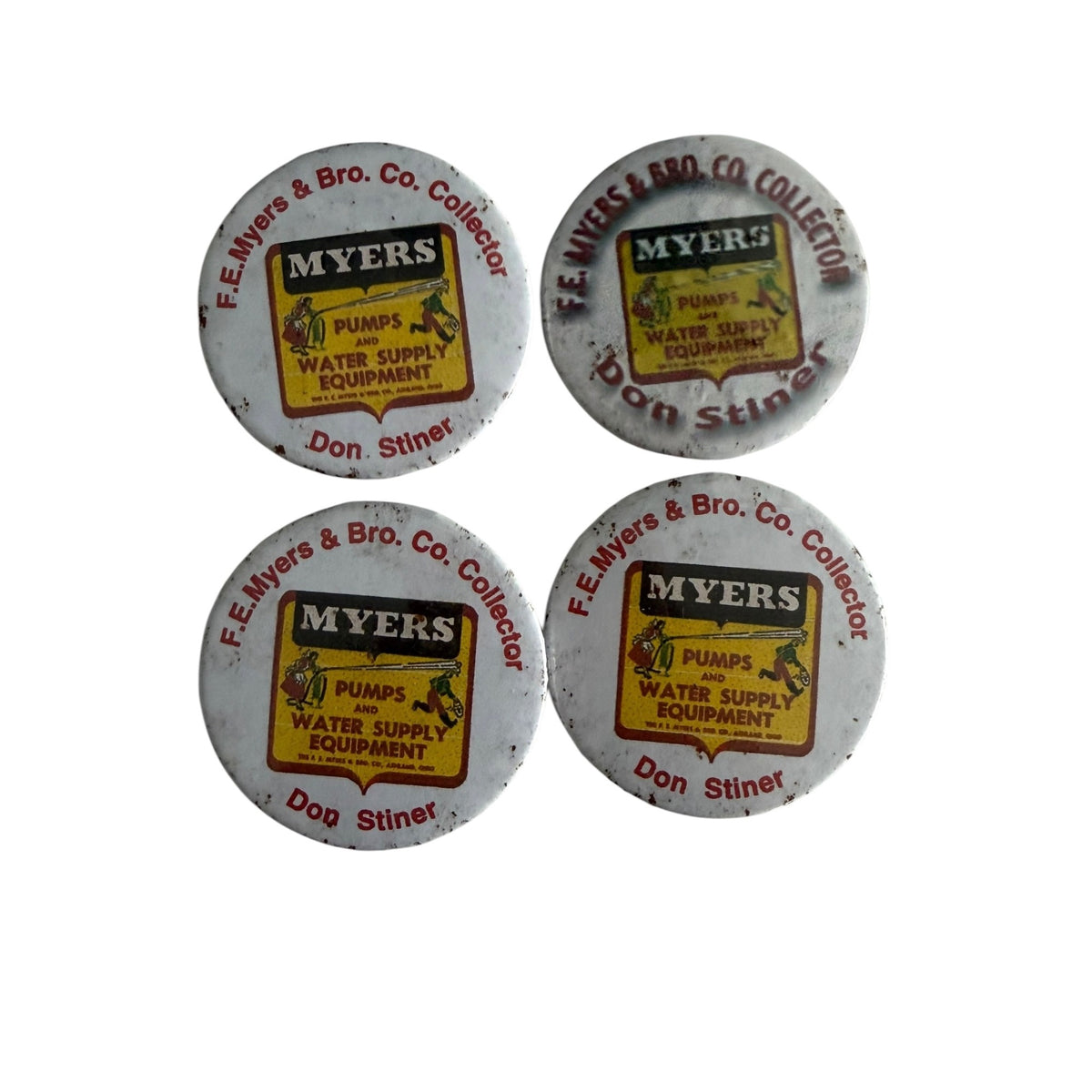 Vintage F.E. Myers & Bro Co Collector Don Stiner Pinback Buttons Set of 4