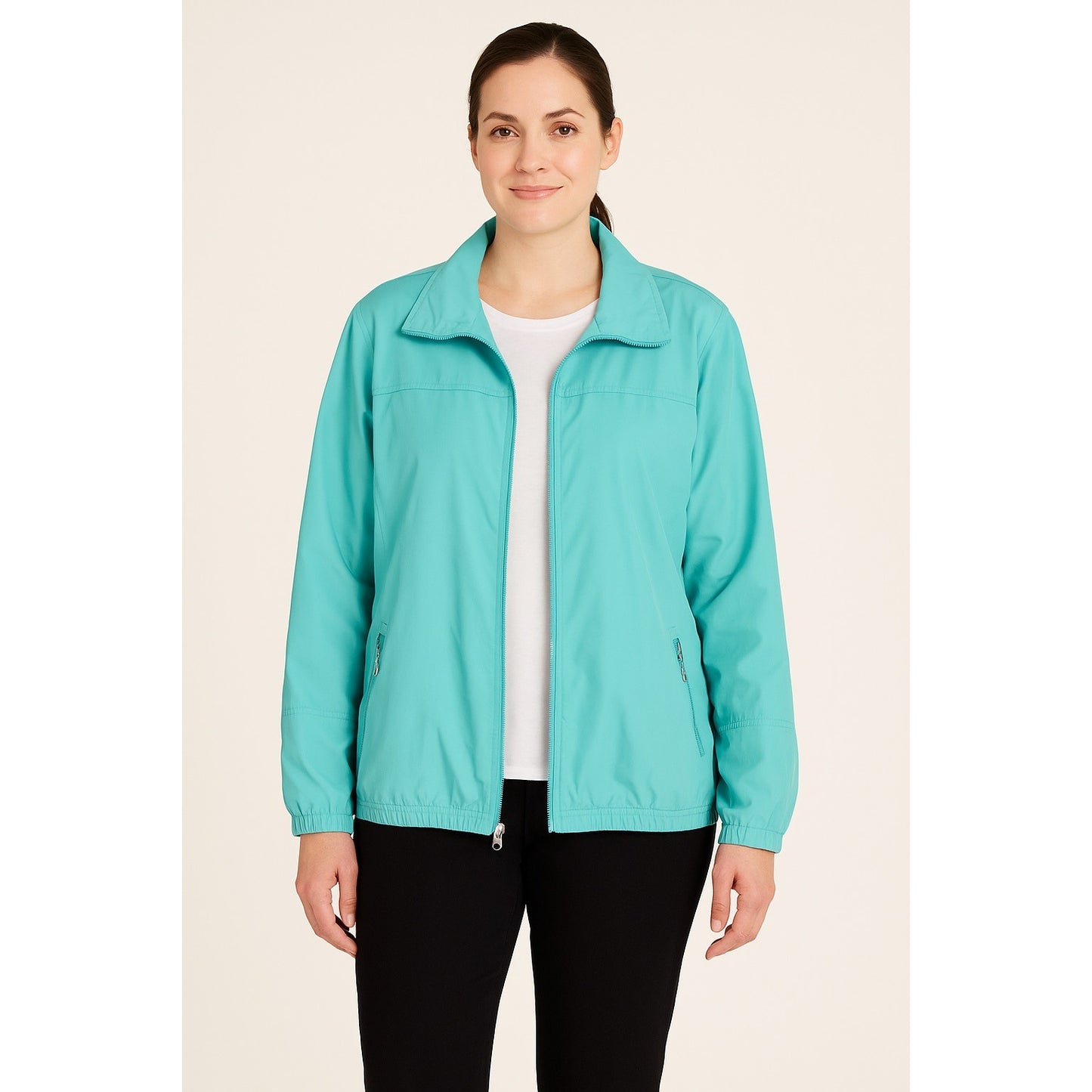 Koret Women’s L Aqua Blue Zip Front Lightweight Jacket Polyester Cotton Lined Vtg