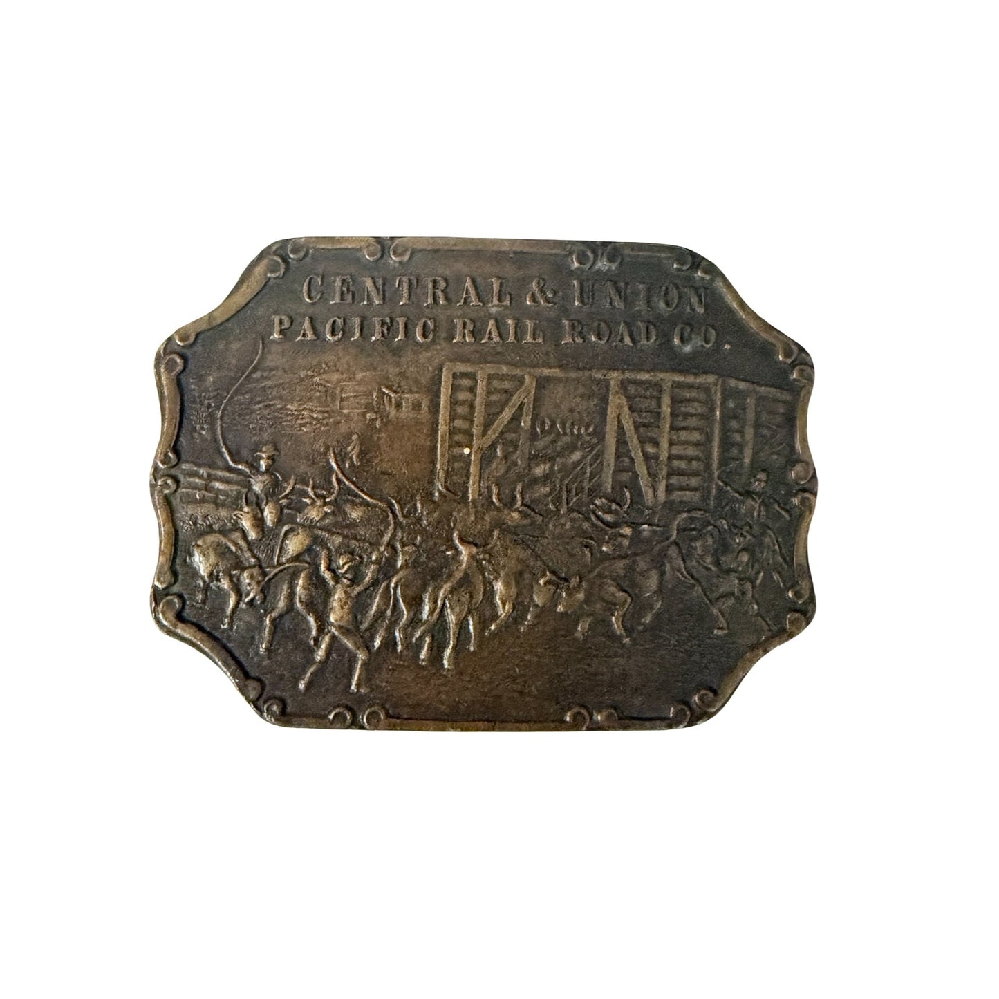 Vintage Central & Union Pacific Railroad Co Belt Buckle Western Cattle Drive Brass Tone