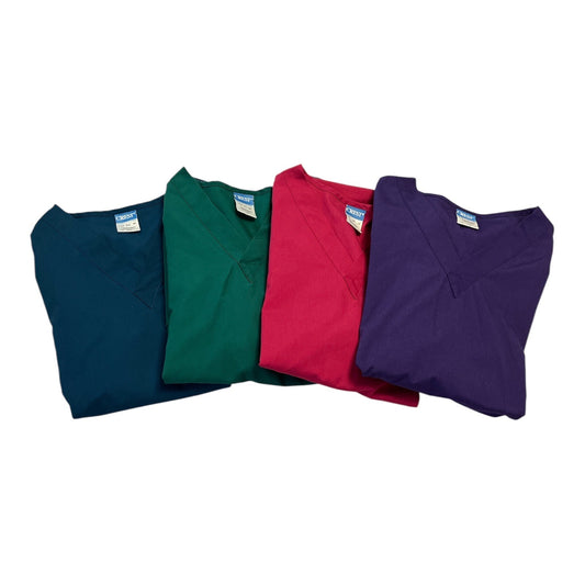 Set of 4 Crest Unisex Scrub Tops – Size M – Purple, Red, Green, Teal – V-Neck Medical Uniform Shirts – 45" Chest