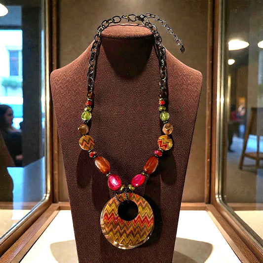 Ruby Rd Statement Pendant Necklace Chevron Disc Beaded Chain Vintage