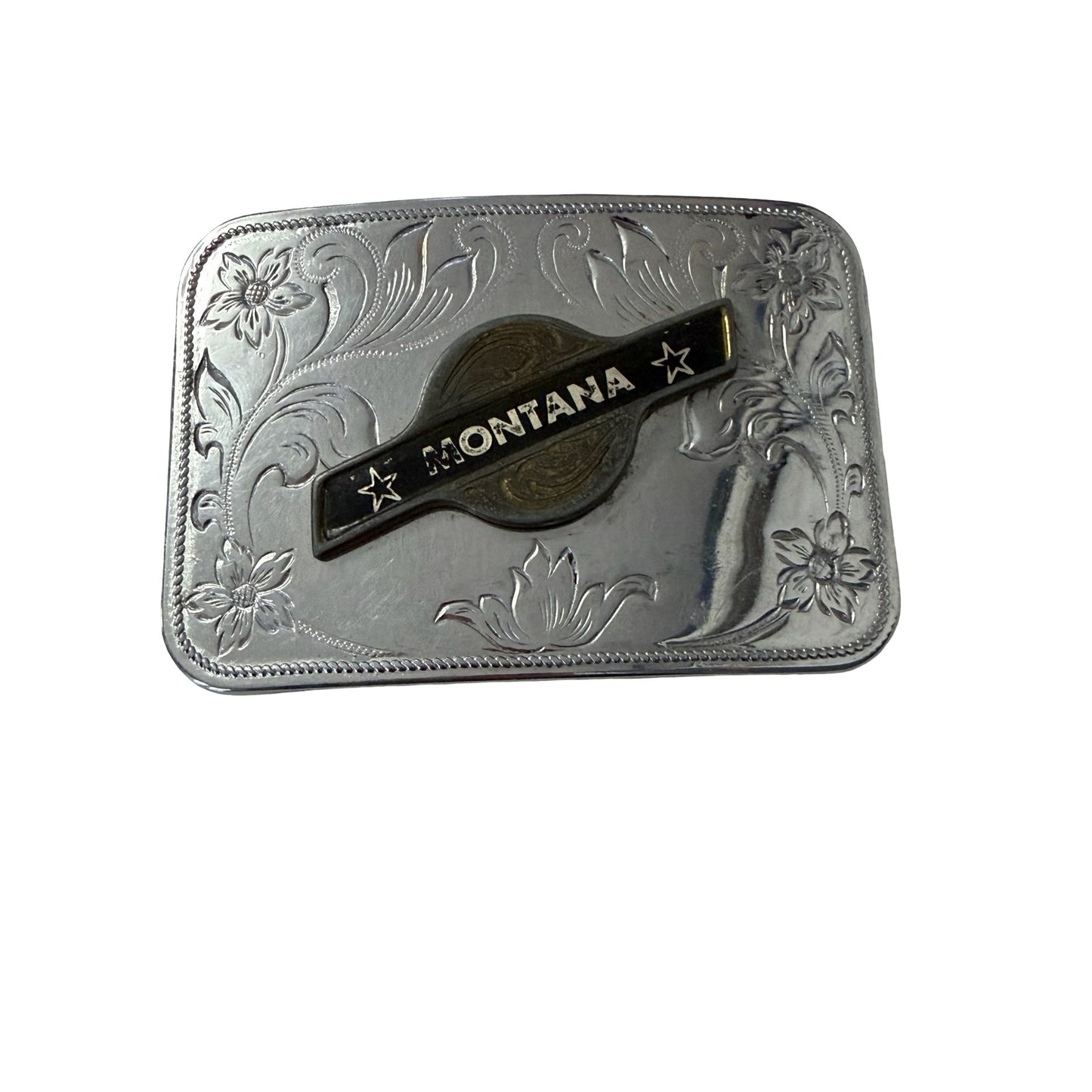 Vintage Montana Western Floral Belt Buckle Silver Tone Black Enamel Cowboy