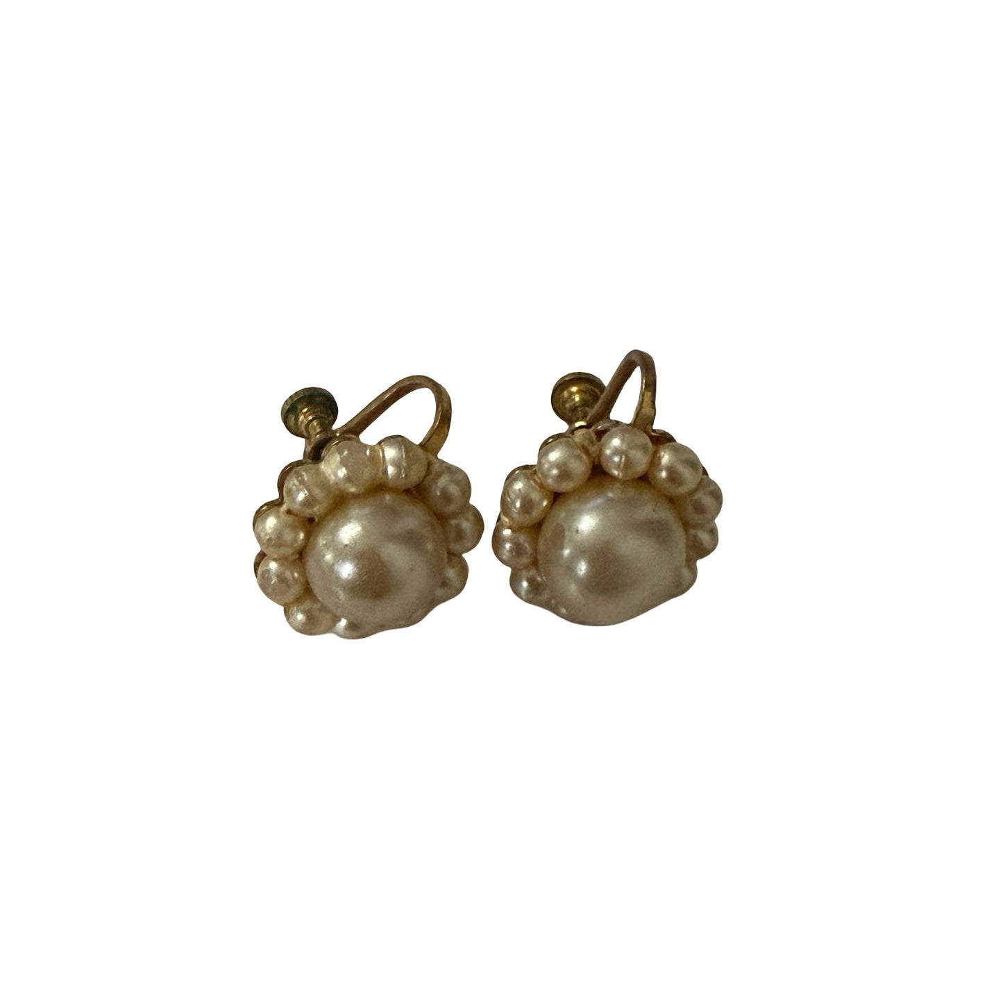 Vintage Faux Pearl Cluster Screw Back Earrings Gold Tone Mid Century Bridal