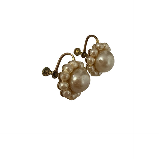 Vintage Faux Pearl Cluster Screw Back Earrings Gold Tone Mid Century Bridal