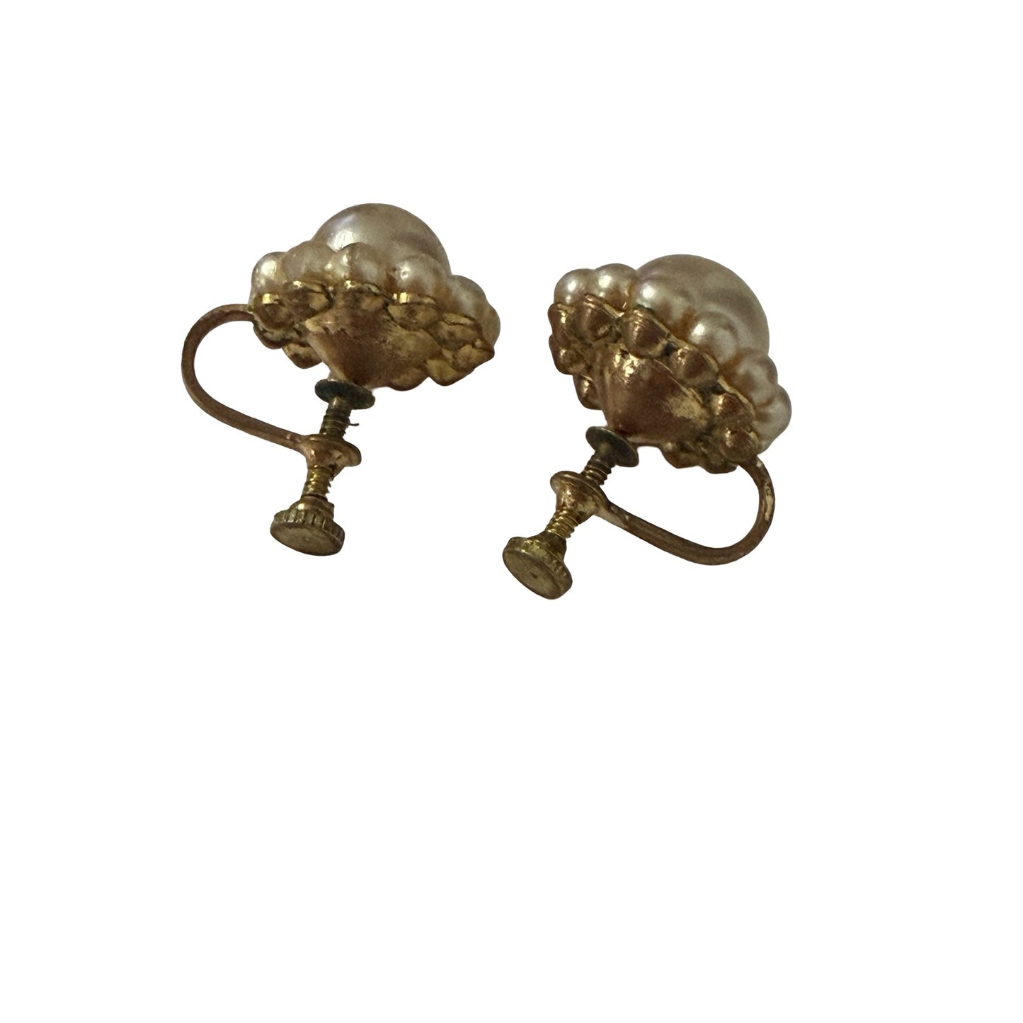 Vintage Faux Pearl Cluster Screw Back Earrings Gold Tone Mid Century Bridal
