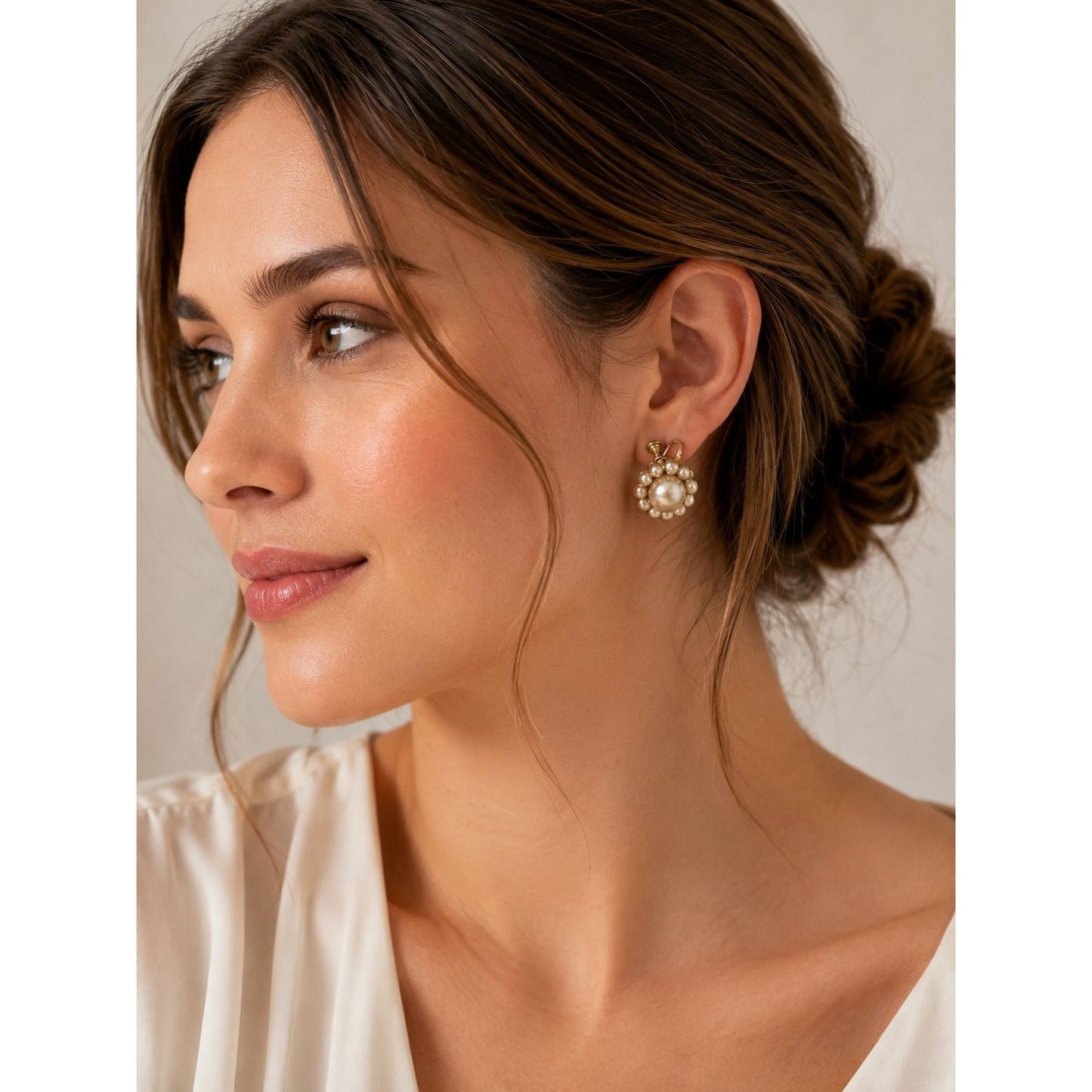 Vintage Faux Pearl Cluster Screw Back Earrings Gold Tone Mid Century Bridal