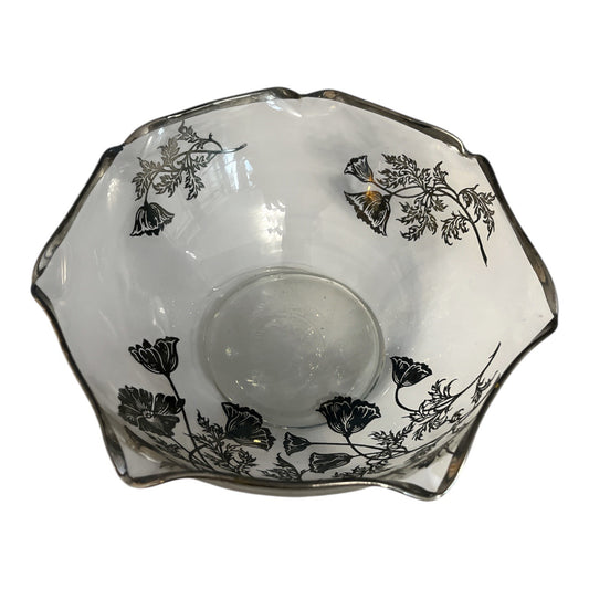 Vintage Clear Glass Bowl with Silver Floral Overlay – Scalloped Rim – 6 x 3 in