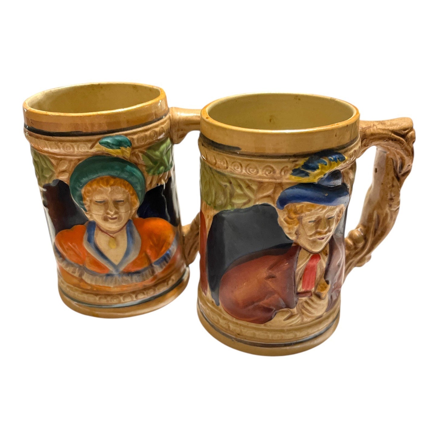 Vintage Japanese Relief Beer Mugs Set of 4 Hand Painted Stoneware Tavern Scene