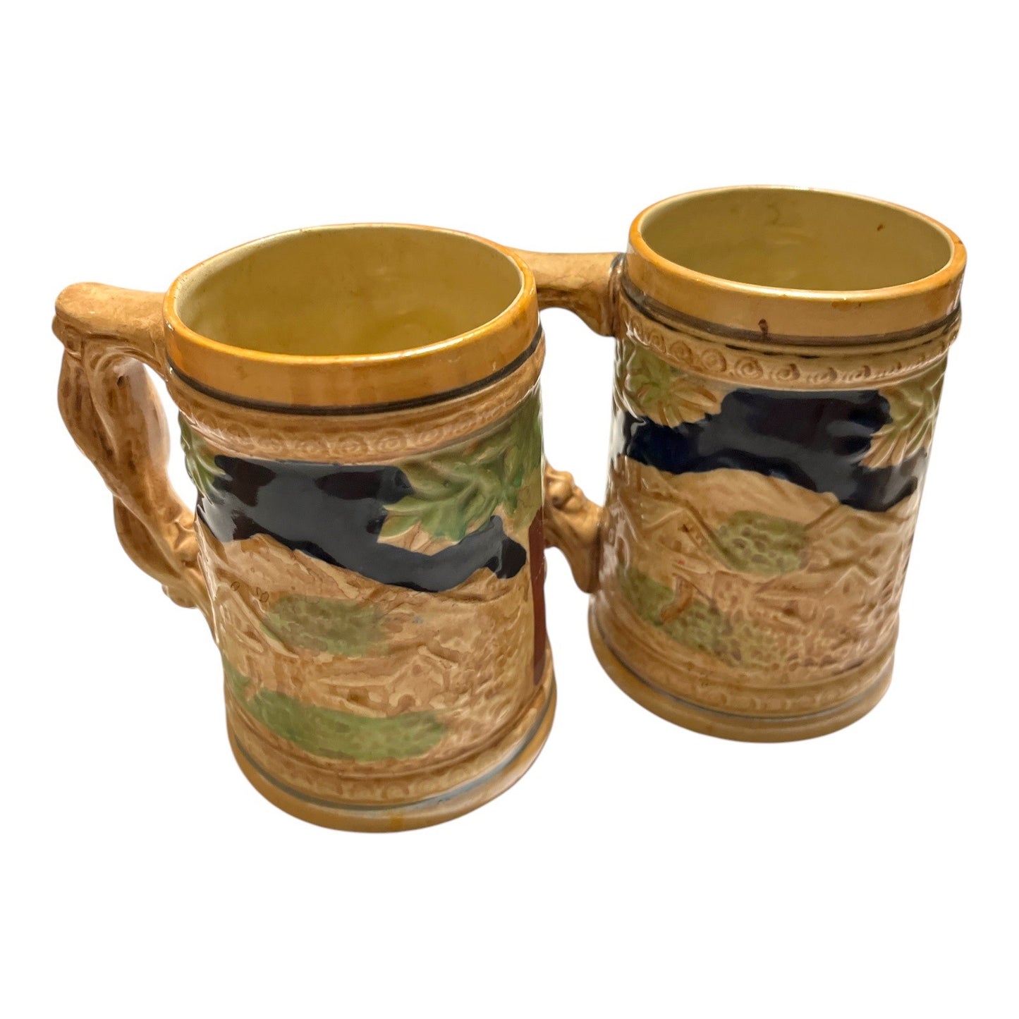 Vintage Japanese Relief Beer Mugs Set of 4 Hand Painted Stoneware Tavern Scene