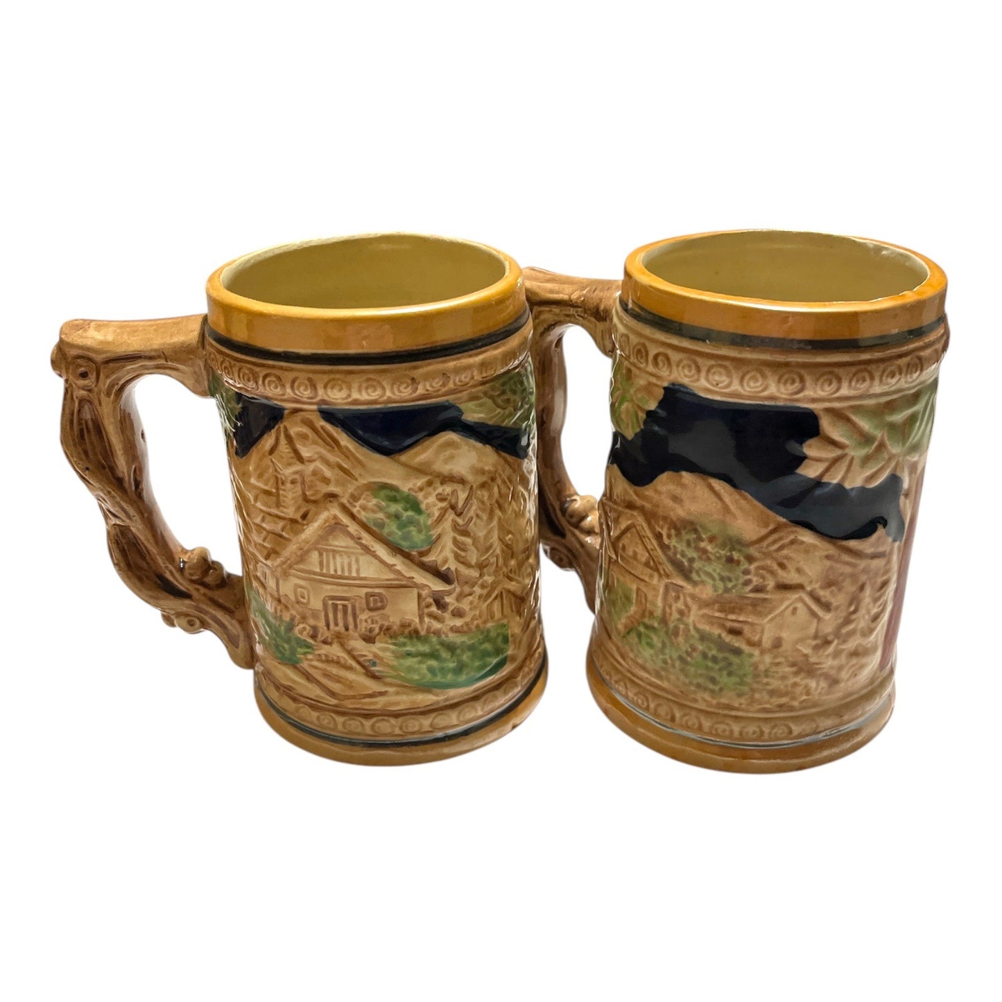 Vintage Japanese Relief Beer Mugs Set of 4 Hand Painted Stoneware Tavern Scene