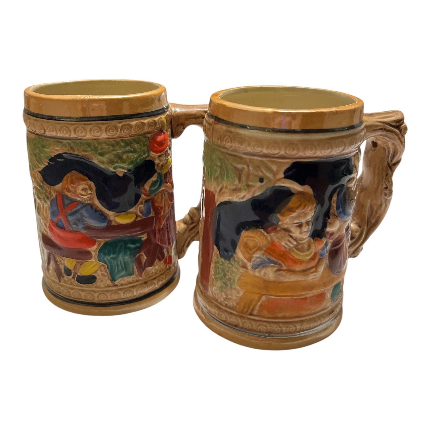 Vintage Japanese Relief Beer Mugs Set of 4 Hand Painted Stoneware Tavern Scene