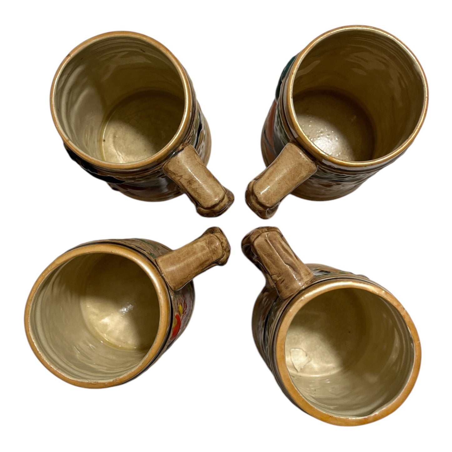 Vintage Japanese Relief Beer Mugs Set of 4 Hand Painted Stoneware Tavern Scene