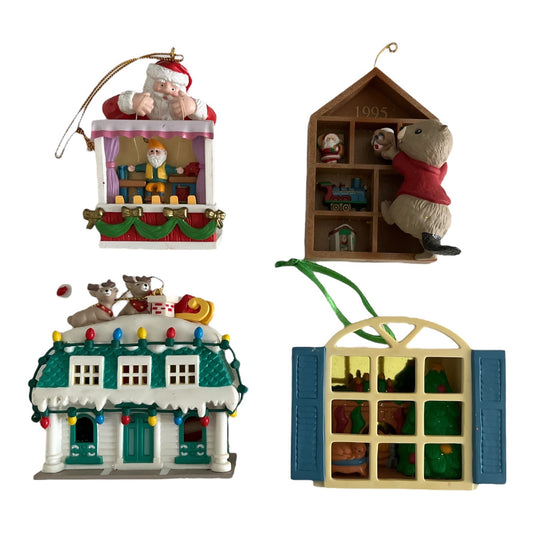 Lot of 4 Vintage Christmas Ornaments – 1991 Rennoc House, 1992 Santa’s Best Puppet Show, 1994 Hallmark Collector’s Club, 1995 Window Scene