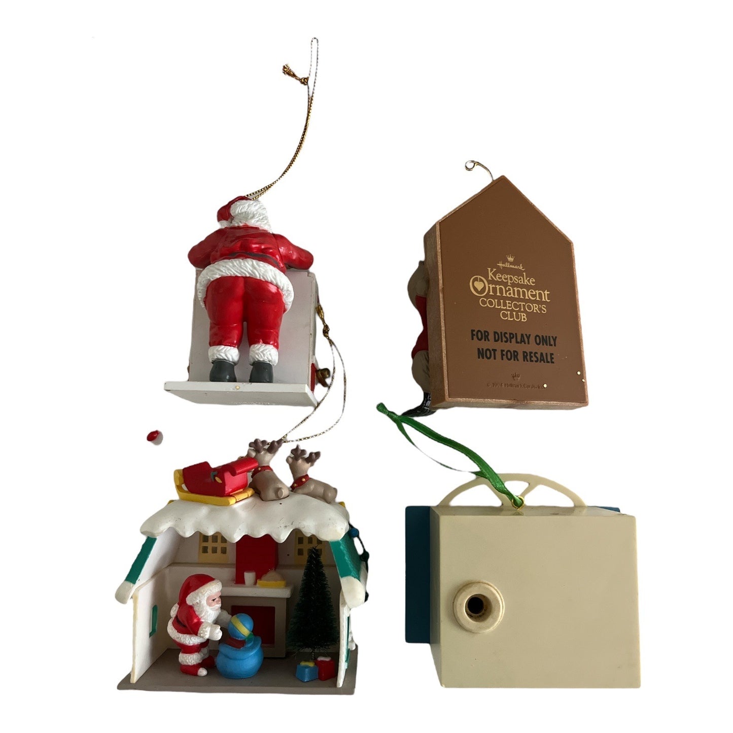 Lot of 4 Vintage Christmas Ornaments – 1991 Rennoc House, 1992 Santa’s Best Puppet Show, 1994 Hallmark Collector’s Club, 1995 Window Scene