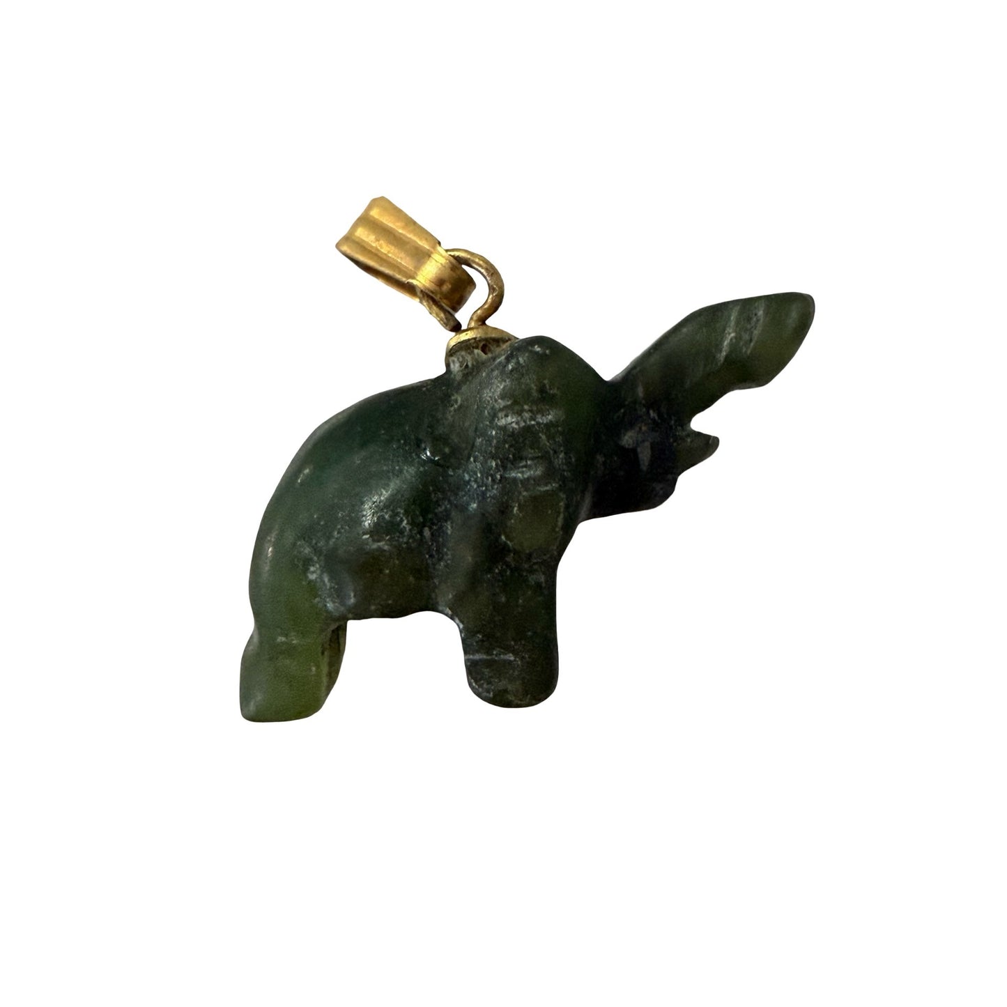 Vintage Carved Green Stone Elephant Pendant Charm Figurine Gold Tone Bail