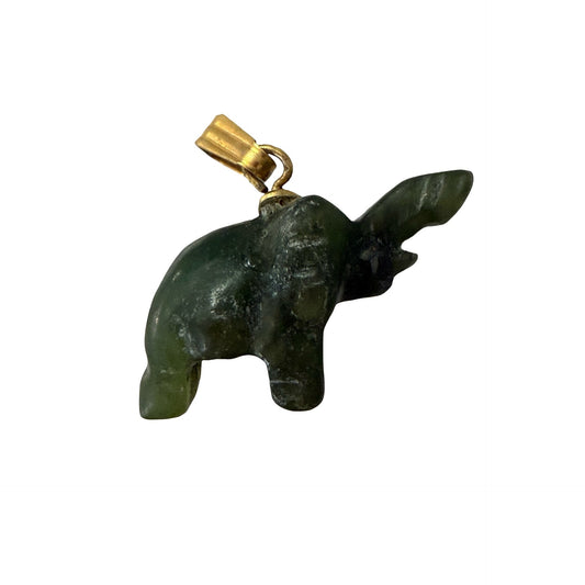 Vintage Carved Green Stone Elephant Pendant Charm Figurine Gold Tone Bail