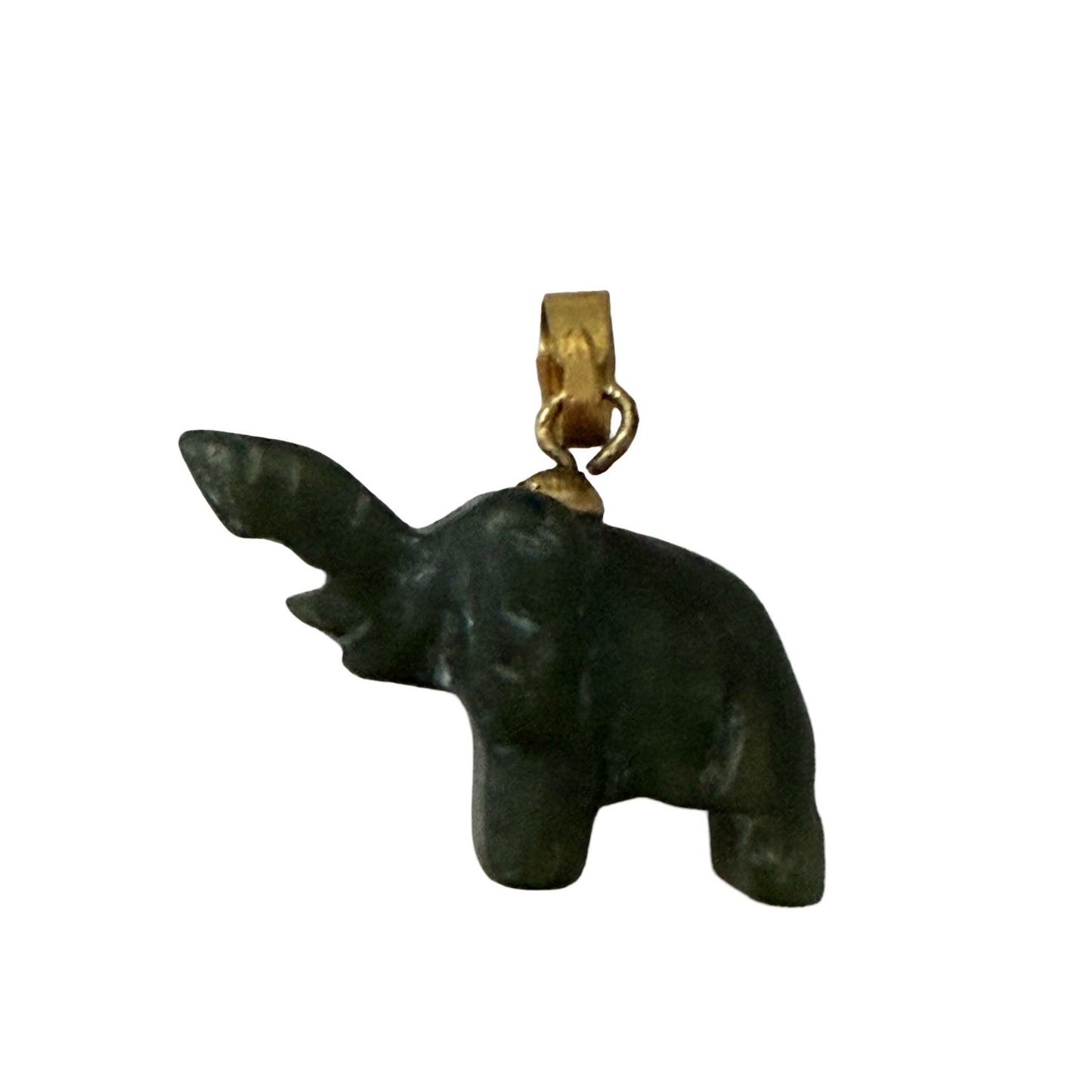 Vintage Carved Green Stone Elephant Pendant Charm Figurine Gold Tone Bail