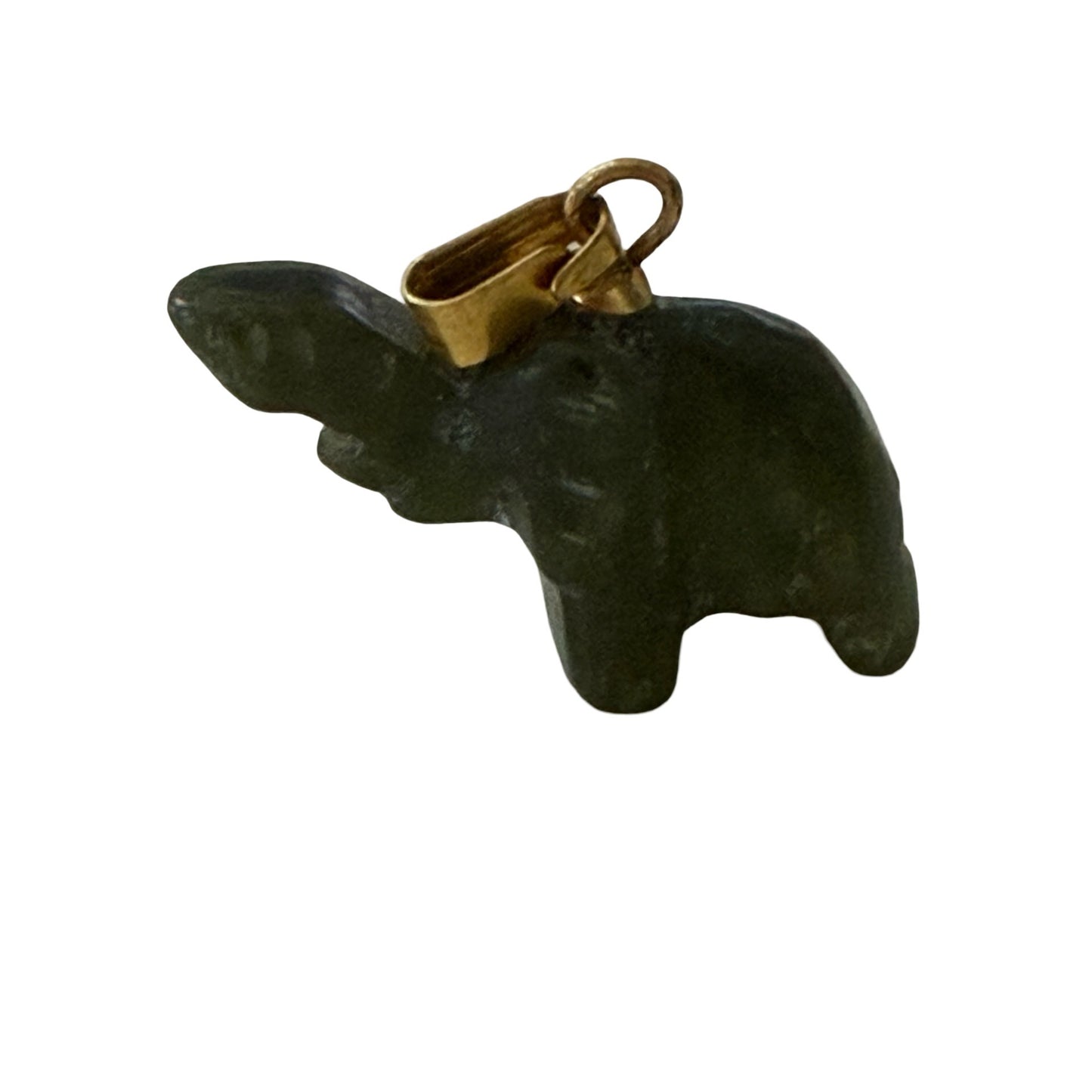 Vintage Carved Green Stone Elephant Pendant Charm Figurine Gold Tone Bail