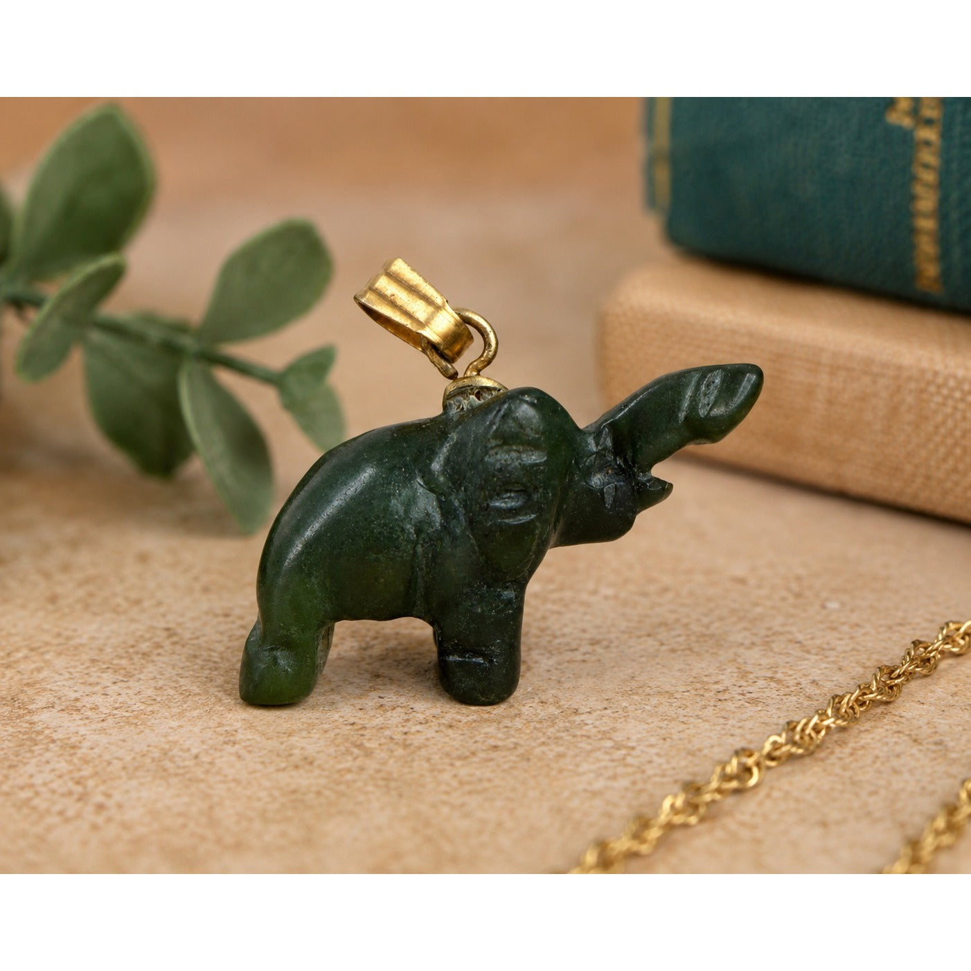 Vintage Carved Green Stone Elephant Pendant Charm Figurine Gold Tone Bail