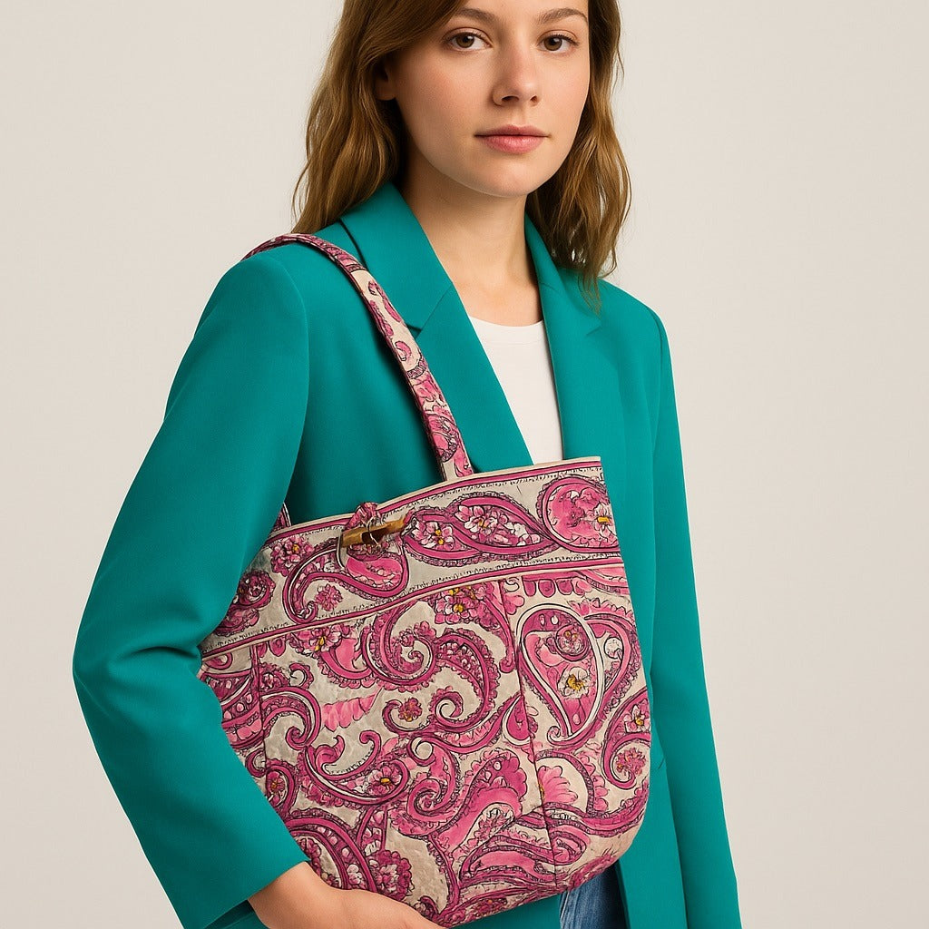 Vera Bradley Pink Paisley Quilted Tote Bag with Toggle Closure – Early 2000s