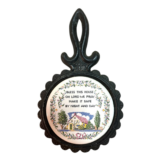 Vtg 1961 Cast Iron Trivet – “Bless This House” Ceramic Insert, Erie PA Souvenir