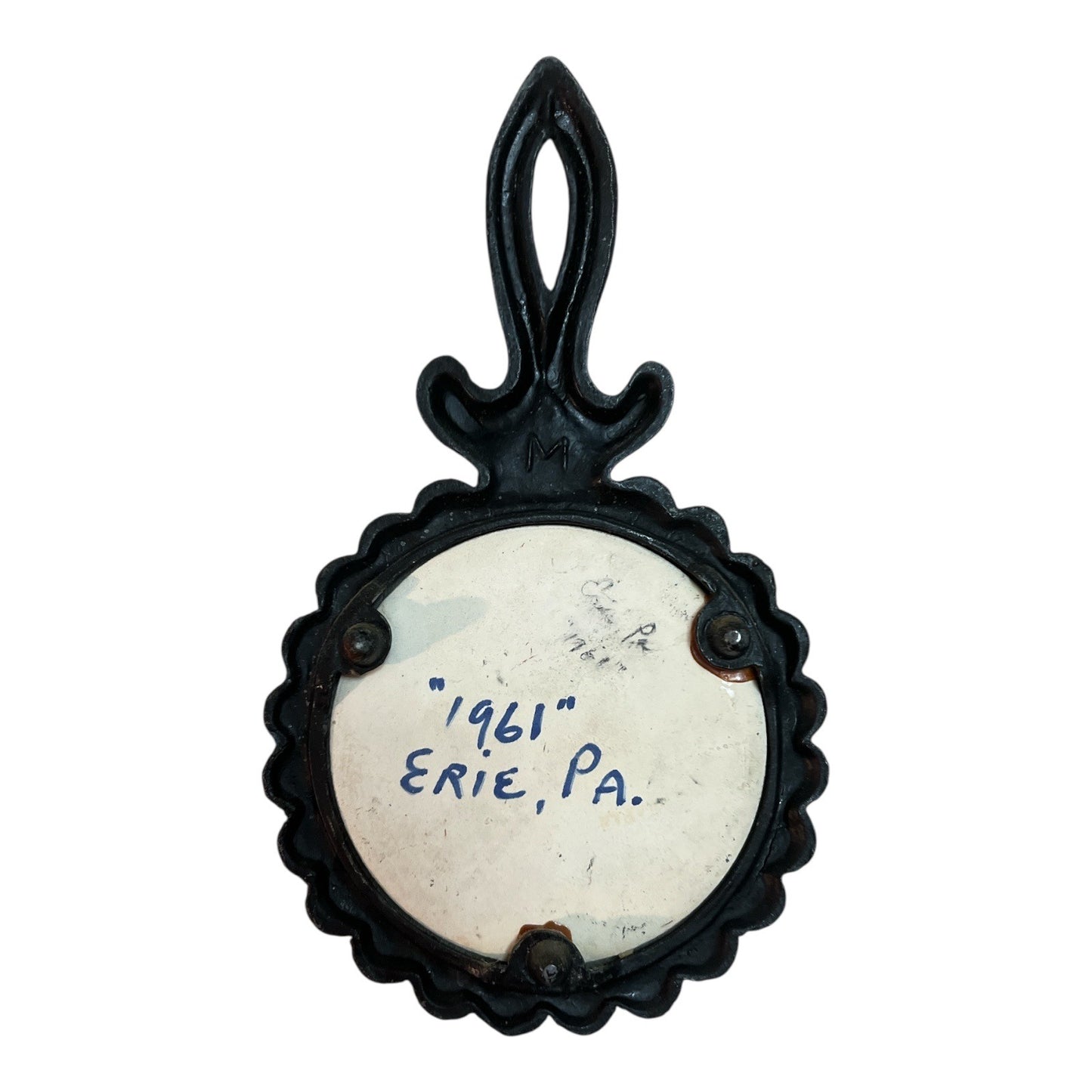 Vtg 1961 Cast Iron Trivet – “Bless This House” Ceramic Insert, Erie PA Souvenir