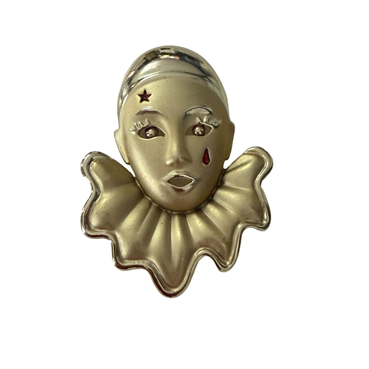 Vintage Pierrot Clown Brooch Gold Tone Red Tear Star Harlequin Face 2.5"