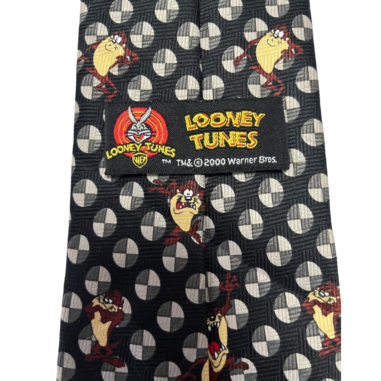 Vintage Looney Tunes Taz Necktie – Black Geometric Print – 2000 Warner Bros