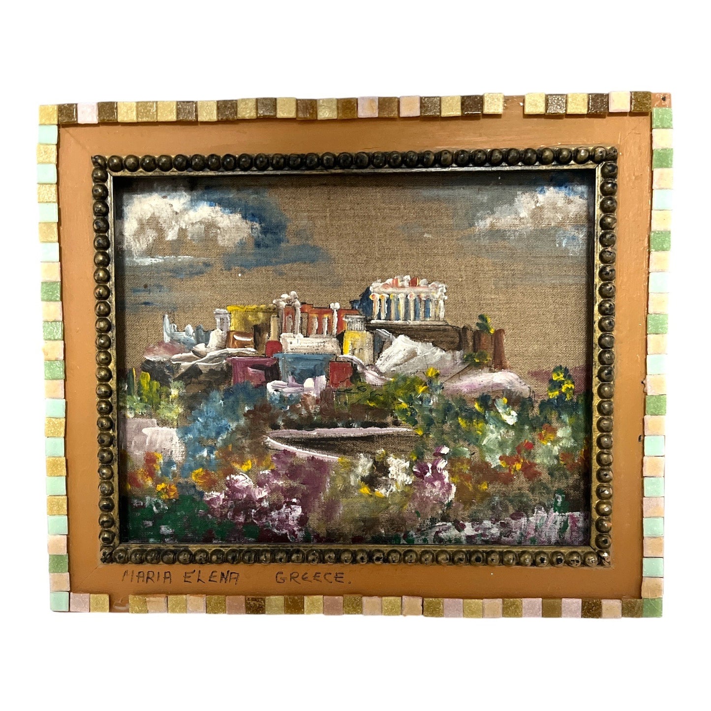 Vintage Original Greek Painting – Acropolis Scene – Signed Maria Elena
