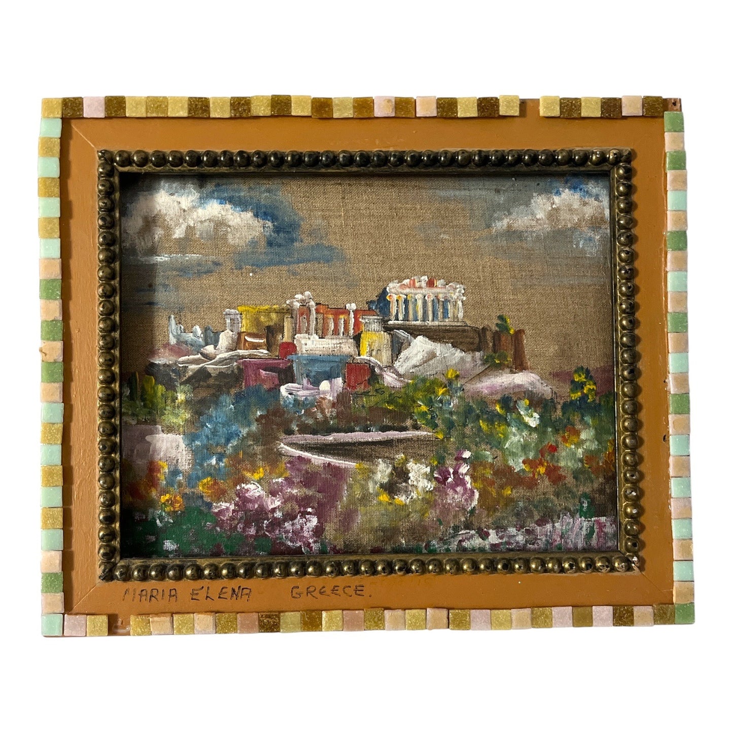 Vintage Original Greek Painting – Acropolis Scene – Signed Maria Elena