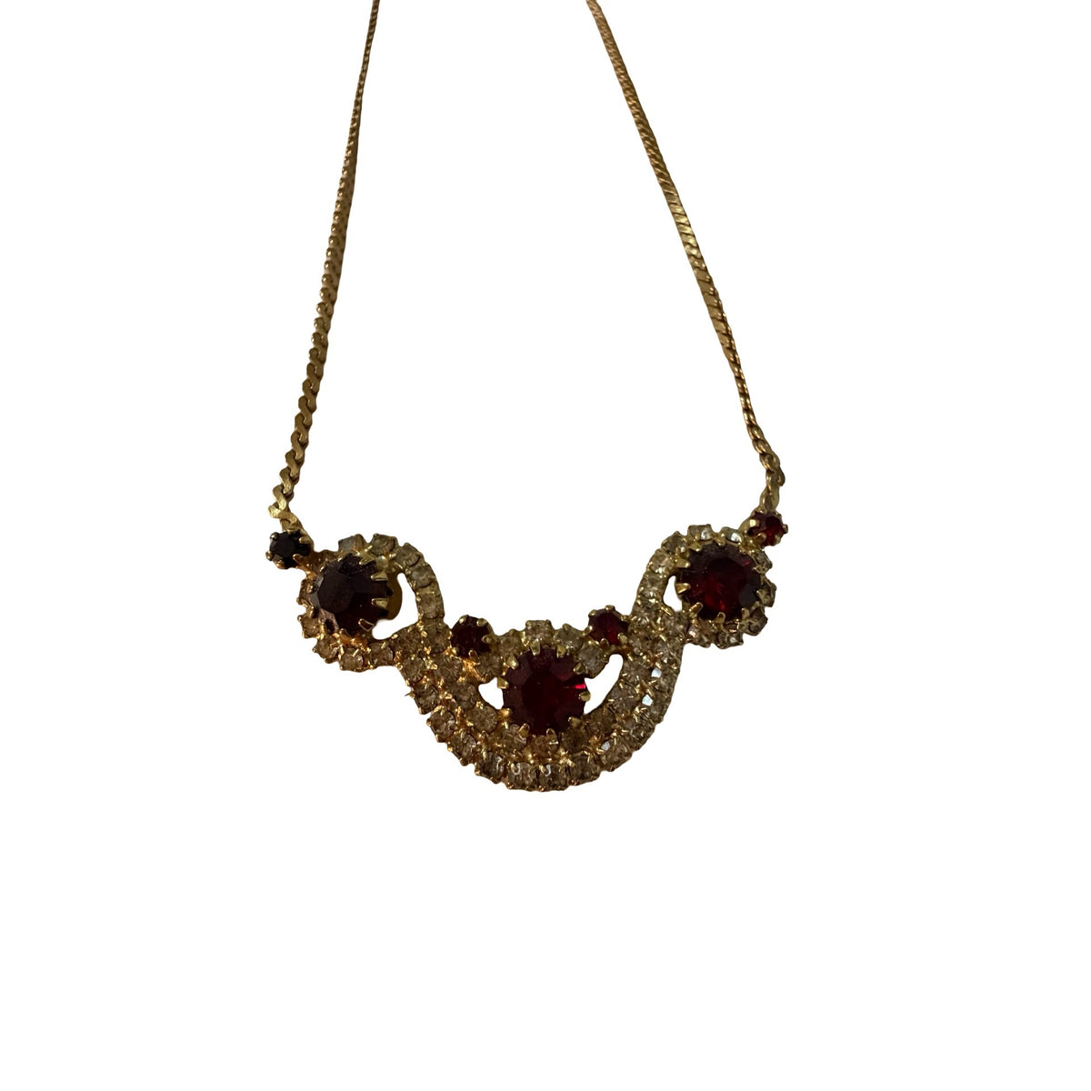 Vintage 1950s Red Clear Rhinestone Necklace Gold Tone Scroll Statement 18"