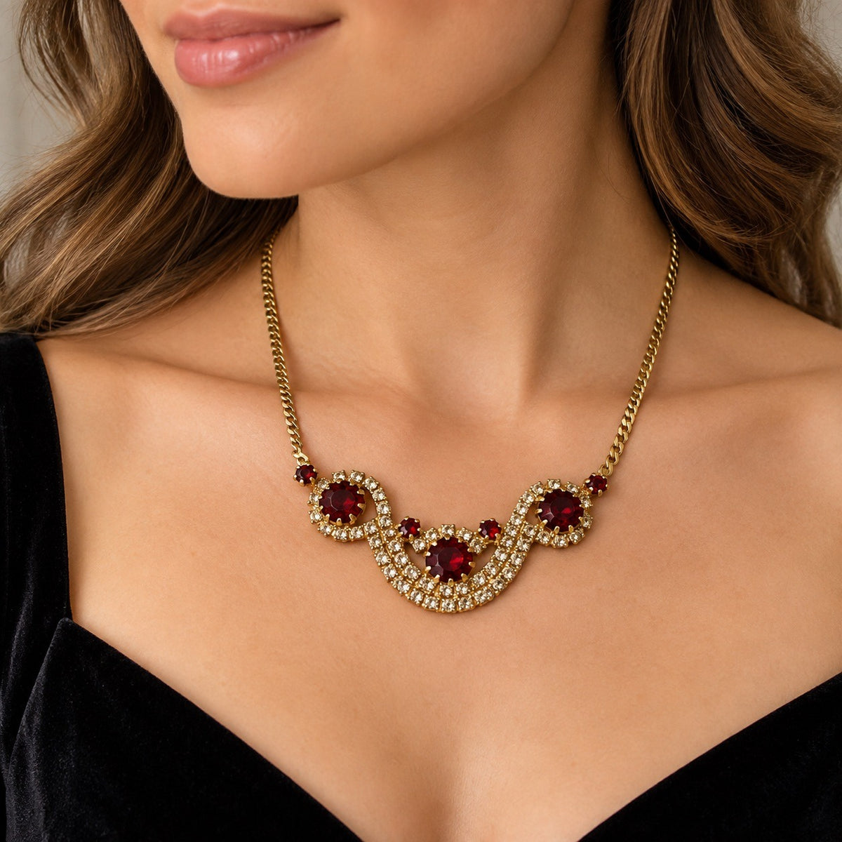 Vintage 1950s Red Clear Rhinestone Necklace Gold Tone Scroll Statement 18"
