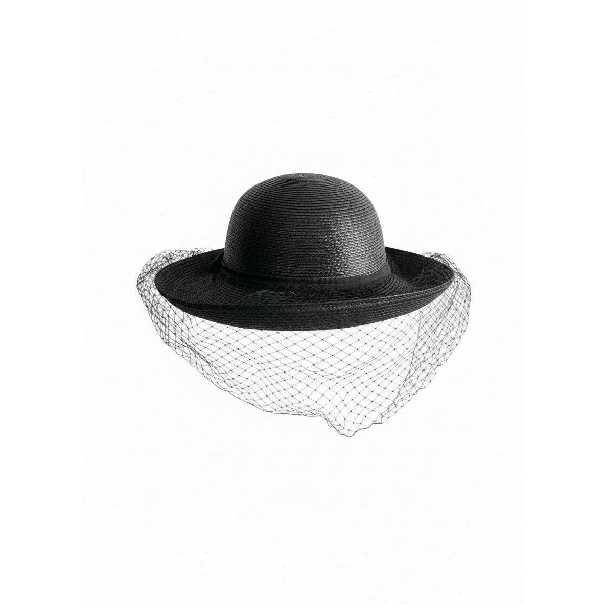 Vintage 1960s–1970s Black Woven Straw Hat with Veil Bow Trim Made in Taiwan R.O.C. 13x7