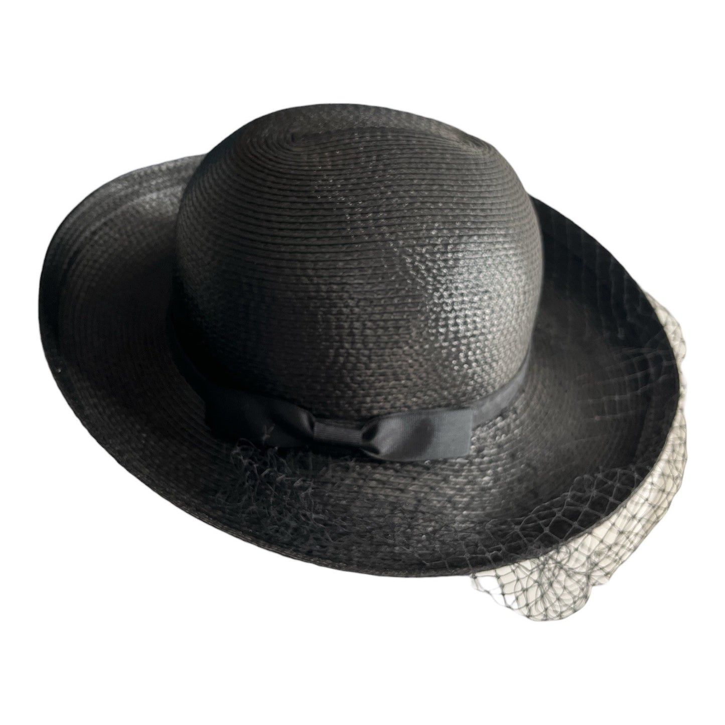 Vintage 1960s–1970s Black Woven Straw Hat with Veil Bow Trim Made in Taiwan R.O.C. 13x7