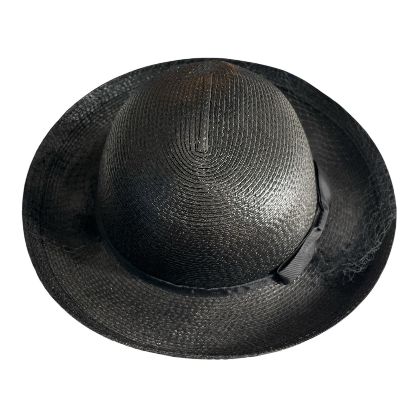Vintage 1960s–1970s Black Woven Straw Hat with Veil Bow Trim Made in Taiwan R.O.C. 13x7