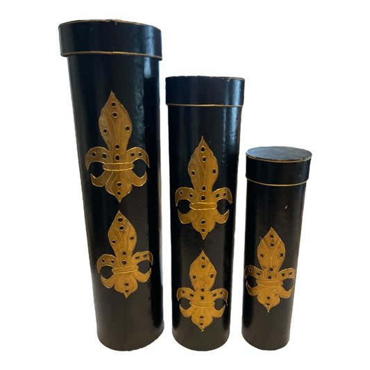 Set of 3 Vintage Black & Gold Fleur-de-Lis Decorative Canisters – Philippines – 19.5", 17", 13"