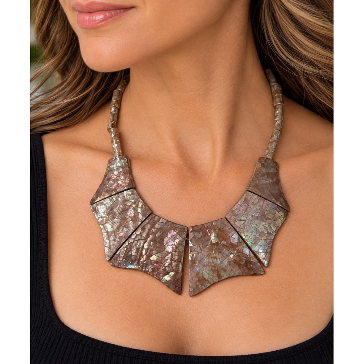 Vintage Mother of Pearl Mosaic Shell Bib Necklace Geometric Collar Choker 14 Inch