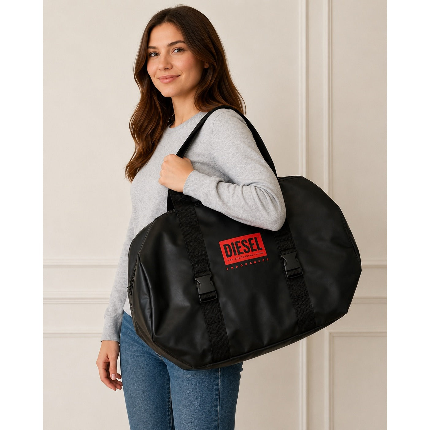 Diesel Fragrances Black Duffel Bag Promotional Travel Gym Tote Large Zip Carryall