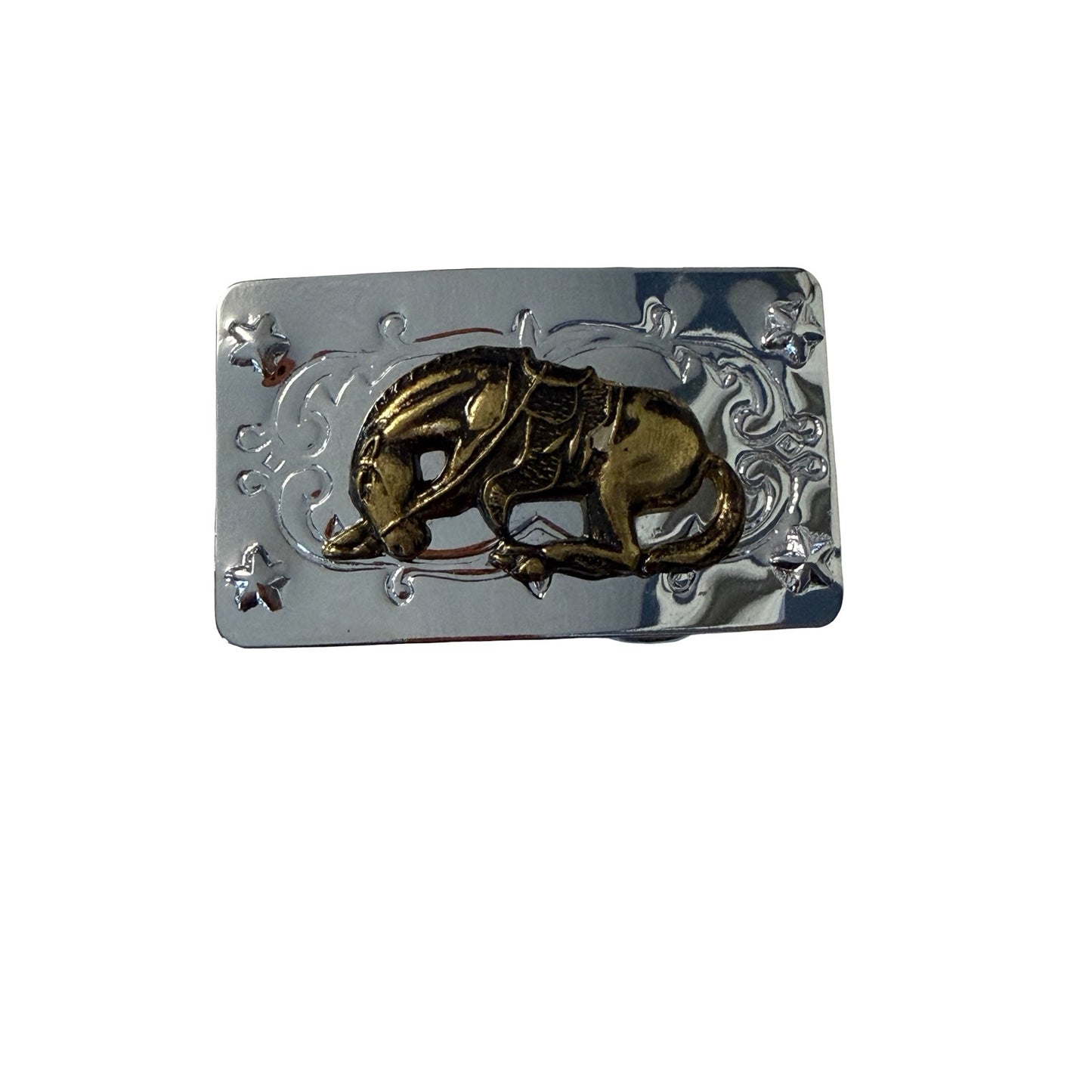 Vintage Western Horse Belt Buckle Silver Tone Gold Tone Raised Horse Made in Hong Kong 3x1.5