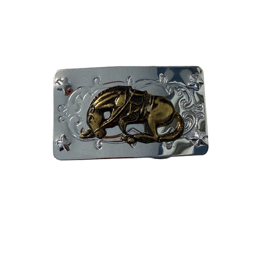 Vintage Western Horse Belt Buckle Silver Tone Gold Tone Raised Horse Made in Hong Kong 3x1.5