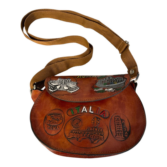 Vintage Italian Hand-Decorated Leather Crossbody Bag – Roma, Firenze & Pisa Motif – Made in Italy