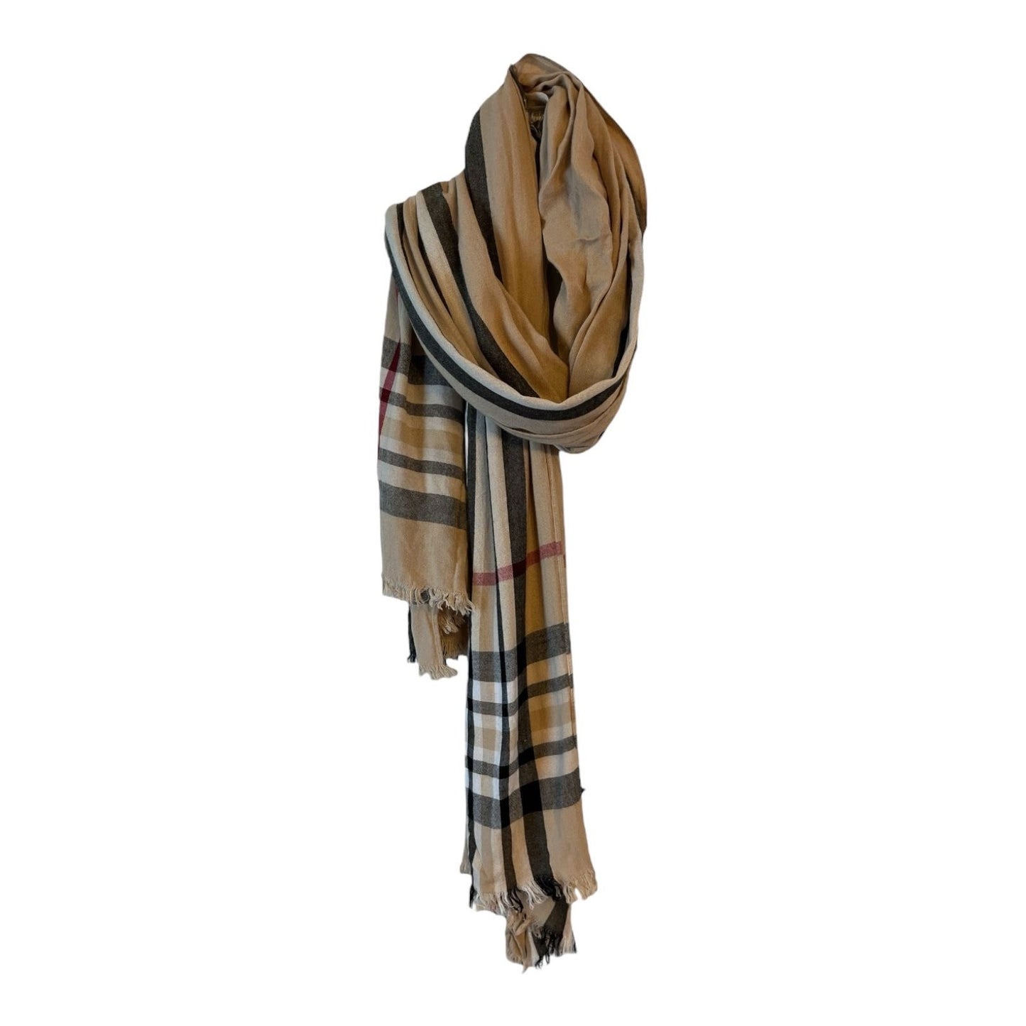 Classic Check Pattern Scarf Neutral Tan Fringe Wrap Large Lightweight