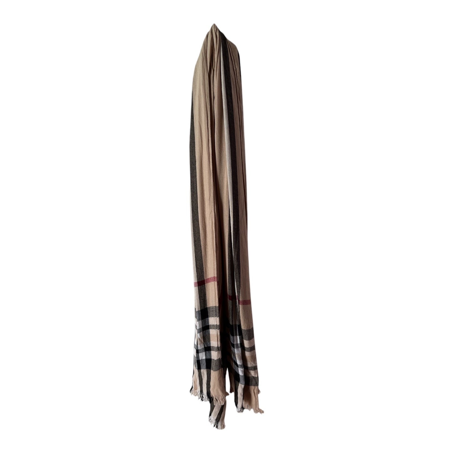 Classic Check Pattern Scarf Neutral Tan Fringe Wrap Large Lightweight